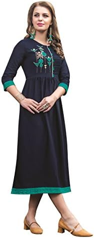 Urban India Women's Denim Straight Embroidery Kurti Medium Blue