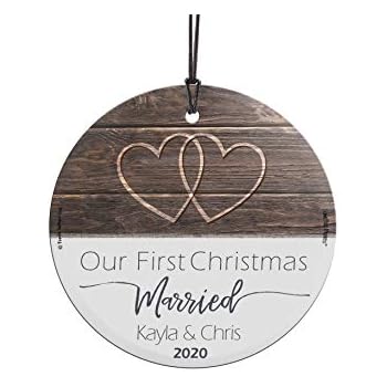 Our First Christmas Married Glass Ornament - Personalized Rustic Double Hearts Farmhouse - Suncatcher Hanging Print Christmas Tree Date Display 3.5