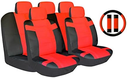 14 Piece Luxury Two Tone Pu Synthetic Leather Universal Seat Cover Set Accent "Superior" With Steering Wheel &amp; Seat Belt Pads (Two Tone Red)