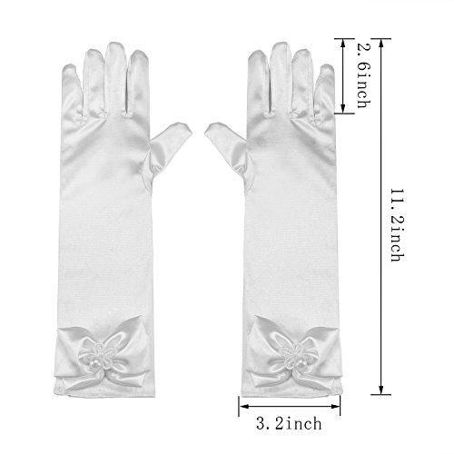 Long Satin Formal Gloves,Kids Size Full Finger with Pearl Bowknot for Girls Children Wedding Dress Evening Party Pageant,Elbow Length 10BL,White