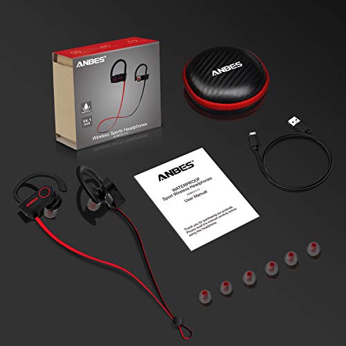 ANBES Bluetooth Headphones Wireless Earbuds, IPX7 Waterproof in-Ear Earphones Sports with Ear Hooks & Mic, HD Stereo Sound, Up to 8 Hours Playing Noise Canceling Headsets (RedBlack)