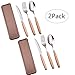 Portable Cutlery Set with Case,Camp Utensils Set,2 Pack Reusable Office Flatware Set,Healthy & Eco-Friendly 3pc Stainless Steel&Wood Full Size Fork,Spoon,Knife Ideal for Travel,Lunch Box and Camping
