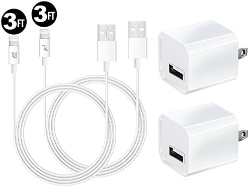USB Wall Charger, Certified Tricon 5W 1A USB Portable Power Adapter with 3FT / 1M Lightning to USB Charging Cable - iOS10 & Many More (2 Pack) White