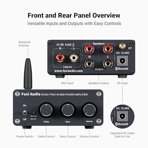 Fosi Audio BT20A Bluetooth Stereo Amplifier, 2 Channel Home Audio Component Amplifiers for Passive Speakers, Mini Class D Amp Receiver 200W for Indoor, Outdoor, Garage, Ceiling, Bookshelf Speaker