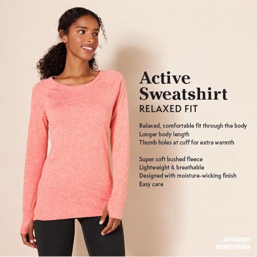 AMAZON ESSENTIALS LONG SLEEVE WORKOUT TOP FOR WOMEN, BRUSHED TECH STRETCH CREWNECK, ATHLETIC, MEDIUM (AVAILABLE IN PLUS SIZE), PALE PINK