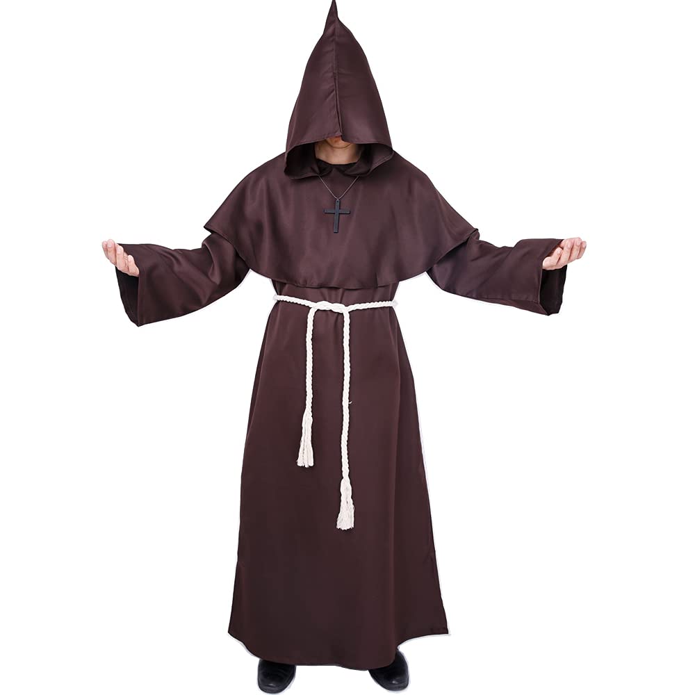 Monk Costume Medieval Friar Hooded Monk Renaissance Priest Robe Costume Halloween Fancy Dress (Brown, S)