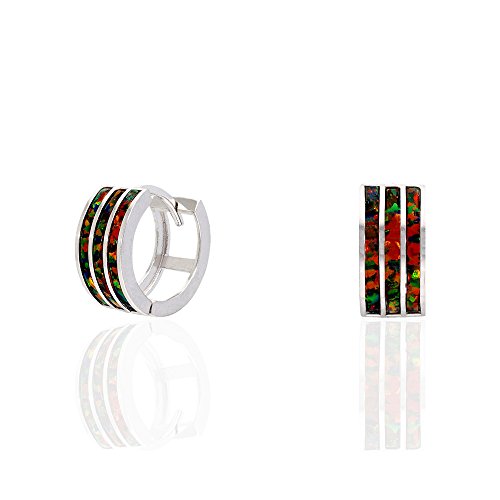 925 Sterling Silver 3-Stripe Simulated Fire Opal Huggie Hoop Earrings 0.5", Black
