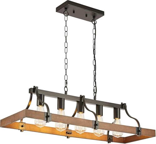 Photo 1 of Feohak Farmhouse Chandeliers for Dining Room, 5-Light Rustic Kitchen Island Light Fixture, Wood Linear Industrial Black Rectangular Ceiling
