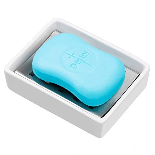 Slideep Ceramic Soap Dish Holder, Stainless Steel Soap Bar for Bathroom and Shower, Double Layer Draining Soap Box