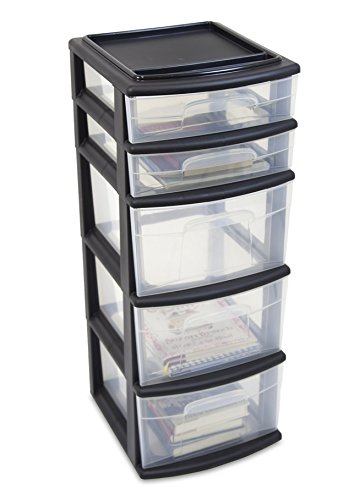 HOMZ Plastic 5 Drawer Medium Storage Tower, Black Frame, Clear Drawers, Set of 2