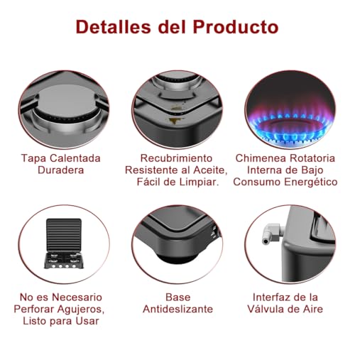 Parrilla de Gas 4 Quemadores, Estufa de Sobreponer Recubrimiento en Polvo Sobre Chapa Metálica con Tapa Rejilla Cuadrada para Ollas Perilla PP Estufa de Mesa para Gas LP Cocina Camping 47.8*47.8*6cm