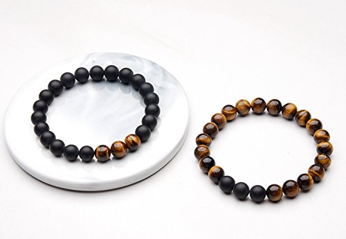 SEVENSTONE 2PCS Black Matte Onyx Prayer Beads Bracelet for Men Women Elastic Natural Stone (B 2PCS)