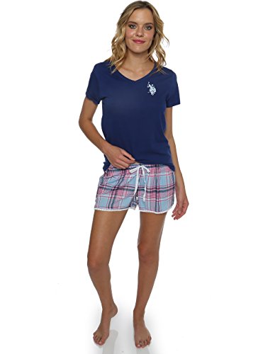 US Polo Assn. Women's 2 Piece V-Neck Short Sleeve Shirt and Short Pajama Pant Set Blue Depth Medium