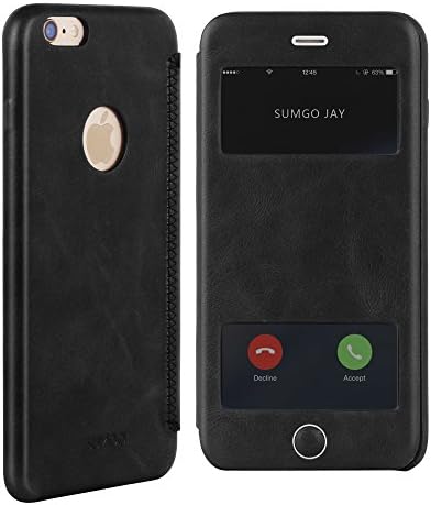 XGUO Genuine Leather iPhone 6S Plus Case Slim Fit Window View Flip Book Full Protection Case Cover Skin For Apple iPhone 6 &amp; 6s Plus - 5.5 inch - Black