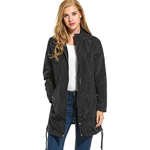 Outerwear, Women's Packable Rain Jacket Classic Long Bomber Jackets (Black, L)
