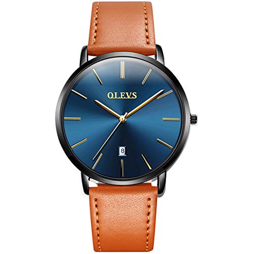Men's Ultra Thin Watches, Analog Quartz Calendar Date Window Business Casual Silm Wristwatch, Yellow Black Brown Leather Strap Light Watches, Date Sports Watch on Sales OLEVS Brand