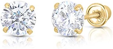 14K Solid Yellow Gold CZ Stud Earrings Basket Set Round Clear CZ Screw Back 2.5mm-8mm