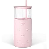 SANDJEST Glass Tumbler with Straw and Lid, Bow Glass Water Bottle with Silicone Sleeve 20oz, Smoothie, Iced Coffee Cup, Gifts for Women Teen Girls Birthday Christmas