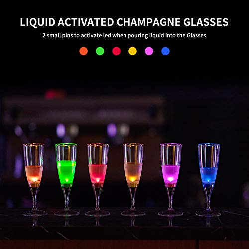 LED Champagne Wine, Liquid Activated Champagne Glasses, GLORIOUS-LITE LED Light Flute Up Glasses 5oz, Safe PS Material, Set of 6, Perfect for Wedding, Birthday Party, Bar