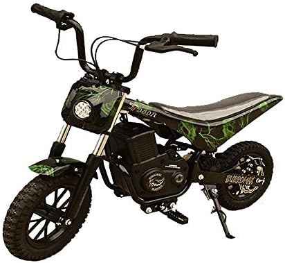 Burromax Black Green Skulls TT350R Electric Motorcycle Dirt Bike for Kids | Fast Long and Lasting 24V 350W Charge | Ride On Mini Pocket Bike