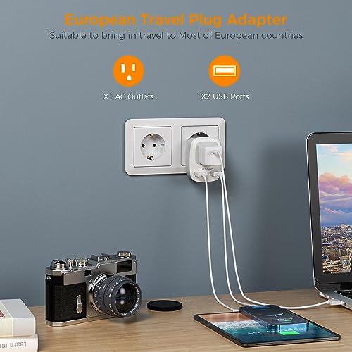 TESSAN European Travel Plug Adapter, Europe Power Adaptor with 2 USB Ports, International Type C Outlet Charger for US to Most of EU Iceland Spain Italy France Germany