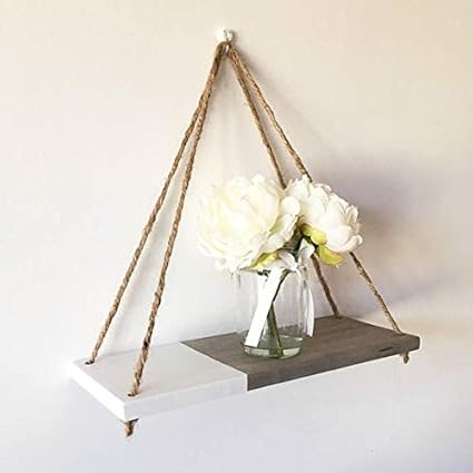 AD Planet Solid Wood Hanging Rope Floating Morden Mounted Swinging Wooden Shelf for Home Decor (Brown & White,16 x 6 inches)