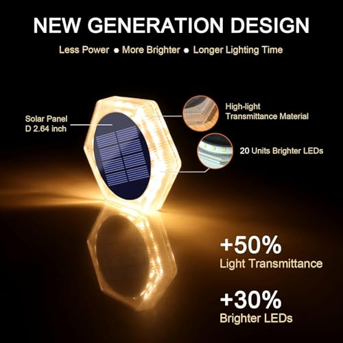 YiLaie Twilight Solar Lights Outdoor Garden 20 LEDs, 10 cm Solar Beacon Hexagonal Ground Adhesive Lighting 360°, IP68 Waterproof for Path, Parking, Stairs, Sidewalk, Warm White (8 Pack)