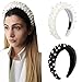 AWAYTR Velvet Padded Pearl Embellished Headband Large Padded Velvet Races Goth Wedding Headpiece for Women (Black+White)