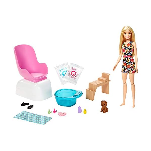 Barbie GHN07 - Mani- Pediküre Spielset mit Puppe (blond), Hündchen, Fußbad und Zubehör, 2 Päckchen Brausepulver für Schaumbad, Farbwechseleffekt auf den Fingernägeln, Geschenk für Kinder ab 3 Jahren