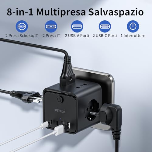 Power Strip with 4 Universal Sockets 10/16A ITA and Schuko, Power Strip with 2 USB A+2 USB C, Multiple Plug Flat Space-Saving with Switches for Home, Office, Black