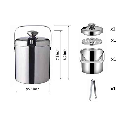 Small Ice Bucket [1.3 Liter],Stainless Steel Ice Bucket with Lid and Tongs,Included Strainer