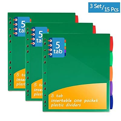 Plastic 5-Tab Binder Dividers With Pockets - 3 Sets Multicolor 15 Total Tabs