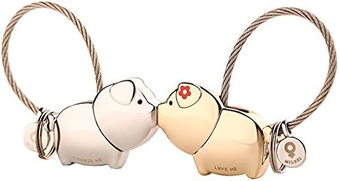 Couple keychain,Car Keychain,Flexible Cable Key Ring Key Chain Valentine's Day Gifts (Pig,Silver and Gold)