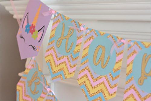 Happy Birthday Pink, Gold, Lavender &amp; Blue Unicorn Chevron Pennant Flag Theme Banner - Matching Items Available - Signs, Favor Tags, Cupcake Toppers etc.