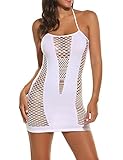 Sexy Lingerie Babydoll Stretchy Fishnet Chemise Mesh Mini Dress for Women (One Size, White)