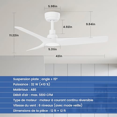 AUTODAY Ceiling Fan With Led Light, 18W Dimmable, Silent DC Motor 32W, 106Cm, ABS Blades, Memory Remote, 6 Speed, White
