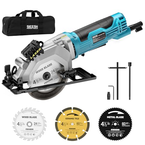 Seesii Mini Circular Saw with Laser Guide, 4.8A 4000RPM Compact Corded Circular Saw, 3 Pcs 4-1/2" Blades for Wood, Soft Metal, Tile, Plastic, 0-45° Bevel, Max Depth 1-11/16" at 90° and 1-1/8"at 45°