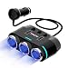 Cigarette Lighter Splitter USB Charger, 3-Socket Cigarette Light Adapter 100W Dual USB Car Charger with Extension Cord 12V DC Outlet On/Off Switch for iPhone Ipad Samsung Android