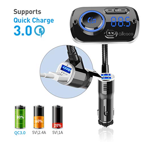 ALLCACA Car FM Transmitter Wireless Audio Adapter Receiver Hands Free Car Kit with QC3.0 Charging and 7-Color Backlit, 4 Play Modes