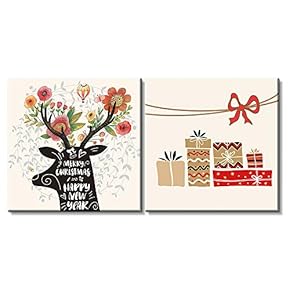 2 Panel Square Canvas Wall Art - Christmas Theme Floral Reindeer and Gifts - Giclee Print Gallery Wrap Modern Home Art Ready to Hang - 12"x12" x 2 Panels