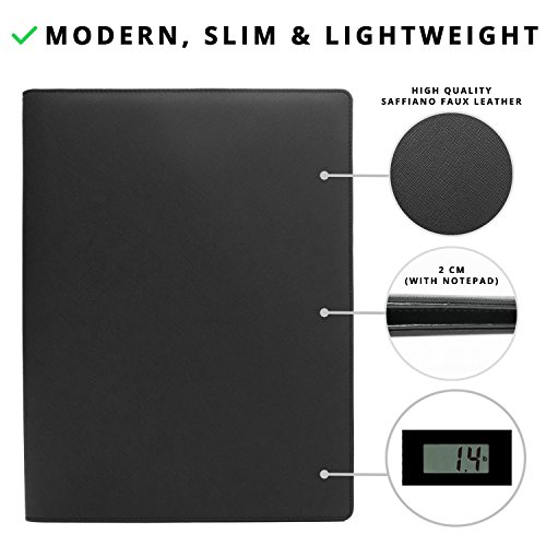 Padfolio de Papercode - Best Slim Portfolio & Organizer for Strong Impressions in Business Meetings & Interviews - Modern Saffiano Faux Leather w/ Innovative Slip Folder for iPad - BONUS Card Booklet