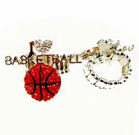 I Love Basketball Stretch Ring Clear Orange Crystals BG Heart Silver Tone Sports
