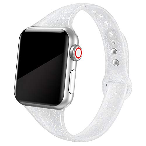 SWEES Sport Band Compatible with Apple Watch 38mm 40mm, Soft Shiny Bling Glitter Slim Thin Narrow Small Replacement Silicone Strap Compatible for iWatch Series 4/3 / 2/1 Women, Glistening Silver