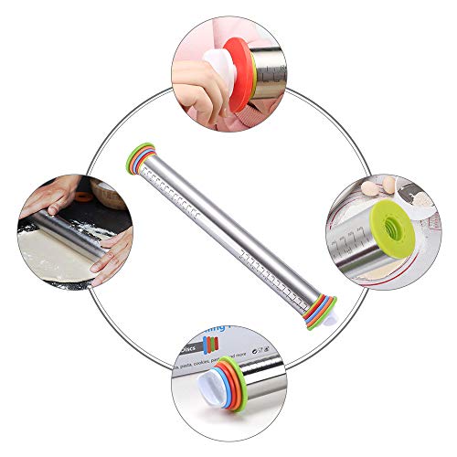 Inkec Stainless Steel Rolling Pin 17Inch & Silicone Baking Mat, Adjustable Dough Roller with 4 Removable Thickness Rings for Baking Pizza Pie Pasta Cookies - Thumbnail 7