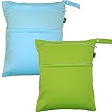 Damero 2pcs Pack Cute Travel Baby Wet and Dry Cloth Diaper Organizer Bag( Medium, Green+Light Blue)