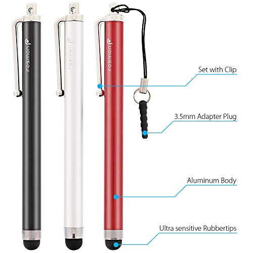Fosmon Trio Capacitive Tip Stylus Pack for Kindle Fire, Apple iPhone, iPod Touch, iPad, HTC, Samsung & Motorola Android Phones (Black, Silver, Red)