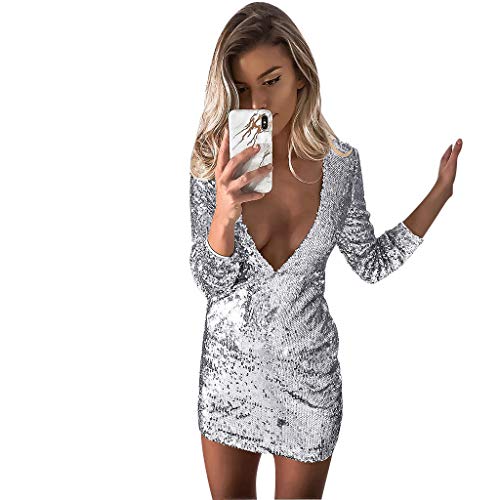 Keliay Bargain Women Deep V Sequins Wrap Ruched Long Sleeve Nightclub Mini Dress