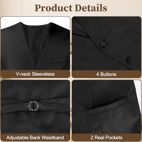 BSBUY Men's Formal Vest, Black Men's Dress Vest with Pocket, Elegant Men's Suit Vest, Wedding Party Business