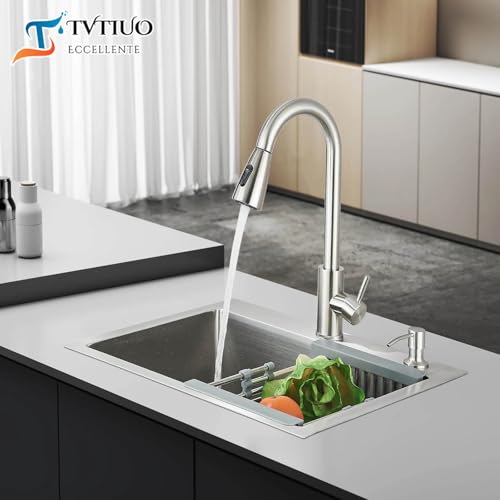 TVTIUO Kitchen Sink, Multifunctional Kitchen Sink with Pull Out Tap and Soap Dispenser, Brushed Finish (50 x 45 cm)