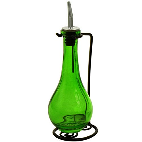 Glass Oil and Vinegar Dispenser or Dish Soap Bottle, Olive Oil Gift Set G207FR Lime Green Raindrop Style 8 oz. Bottle. Glass Bottle with Stainless Steel Pour Spout, Cork and Black Metal Stand - Thumbnail 6